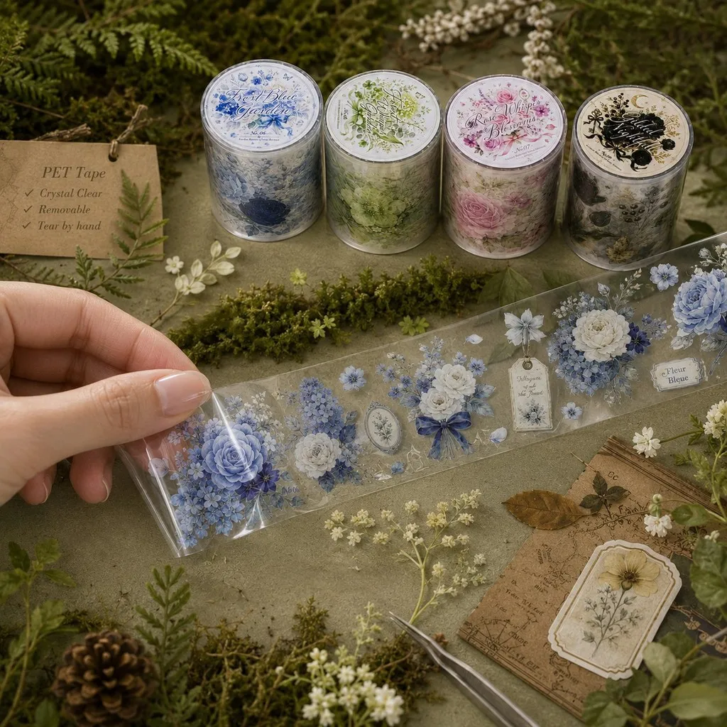 Journamm 50mm*2m Flowers Botanical PET Tape Stickers Transparent Scrapbook Tape for Junk Journal Planner Card Making DIY Crafts