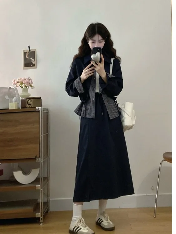 

plus Size Women's Casual Plaid Shirt Long Sleeve High Waist Skirt Set Fashionable Autumn Winter Outfit Korean Style Loose Fit