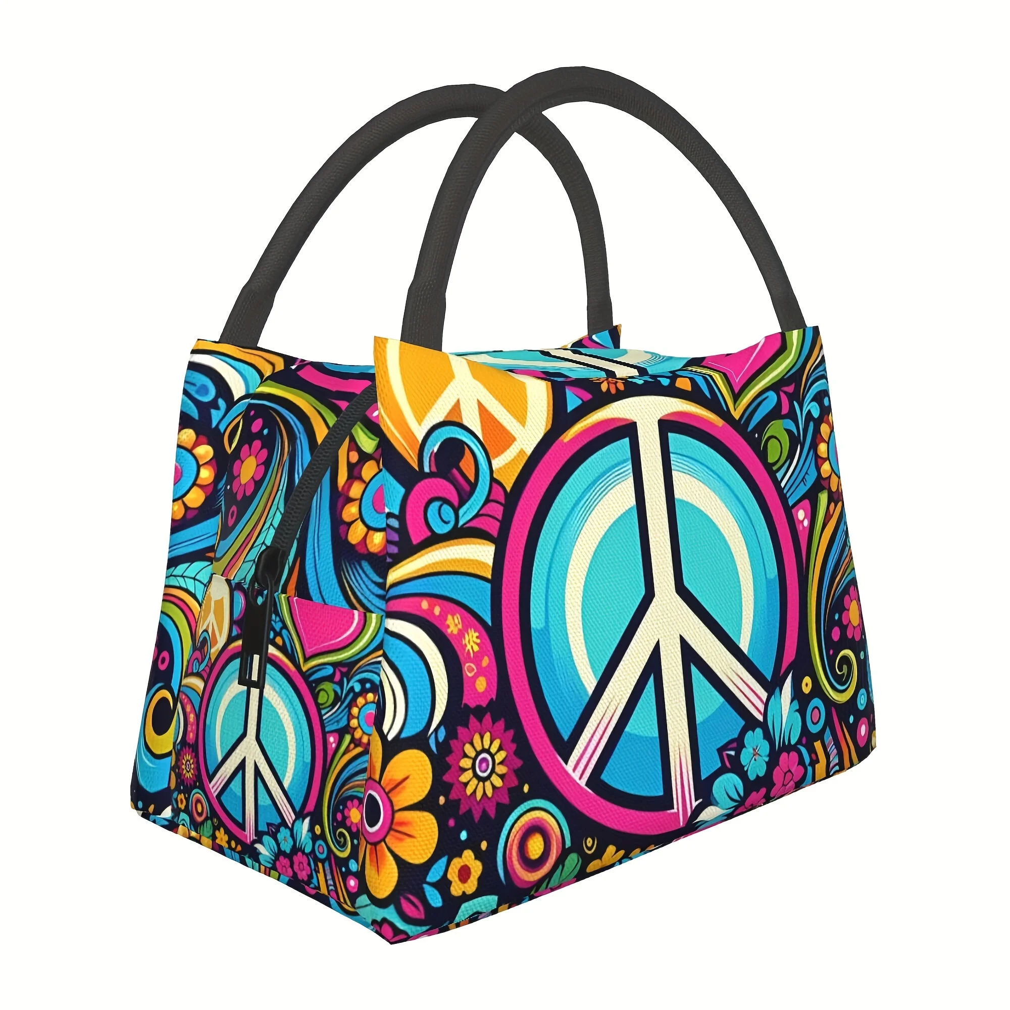 

Vibrant Peace Sign Pattern Portable Insulated Cooler Bag - Reusable Lunch Tote for Camping, Picnics, Beach Outings