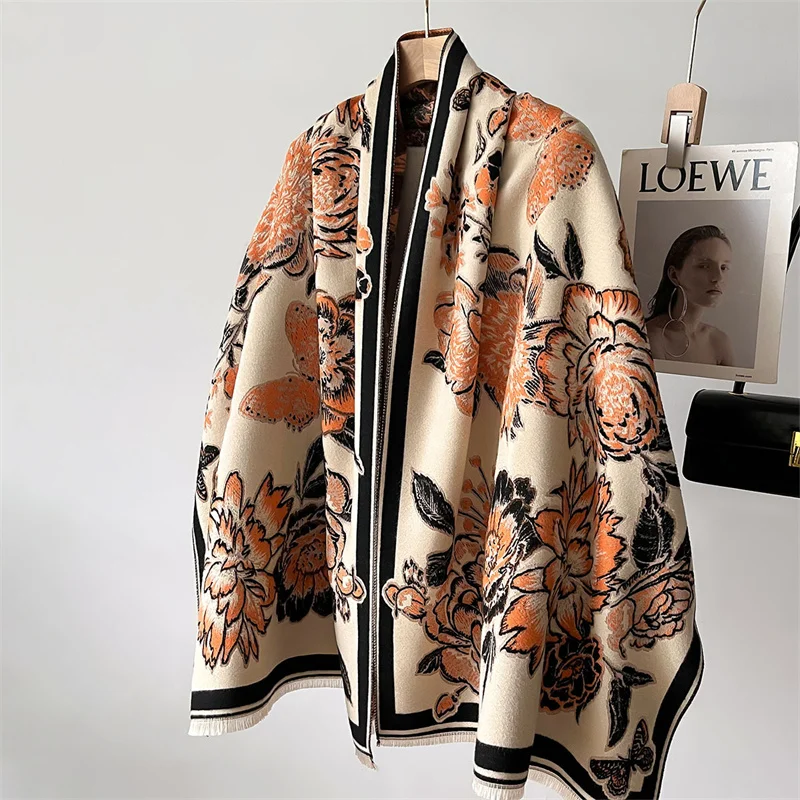 Luxury Cashmere Floral Scarf Winter Women Pashmina Shawls Warm Blanket Wraps Female Foulard Bandana Brand Thick Scarves Hijab