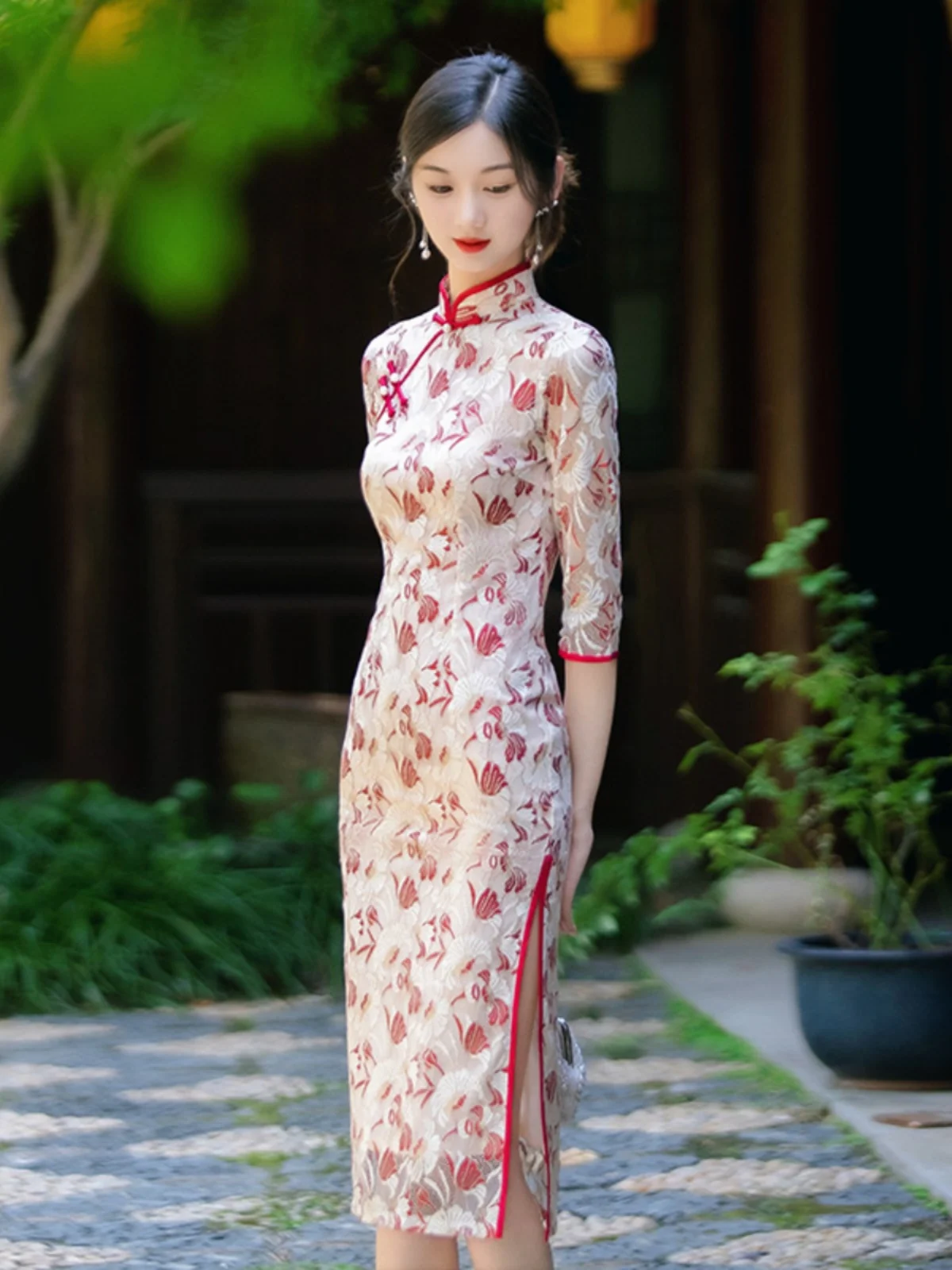 

Retro Sle Young Women's Long Sve Lace Qipao Wedding Dr Slim Fit ort Sve Floral Pattern Daily Wear Low Slit
