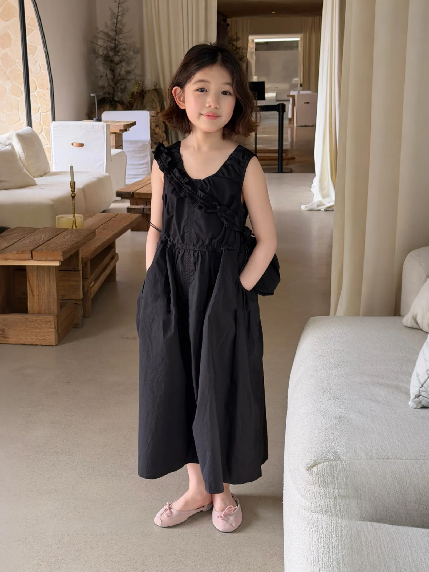 

Girls Black Vest Dress Children's Summer Fashionable Thin Vest Skirt Midi Waist Long Sleeve Casual Style mid Waist Other Fabric