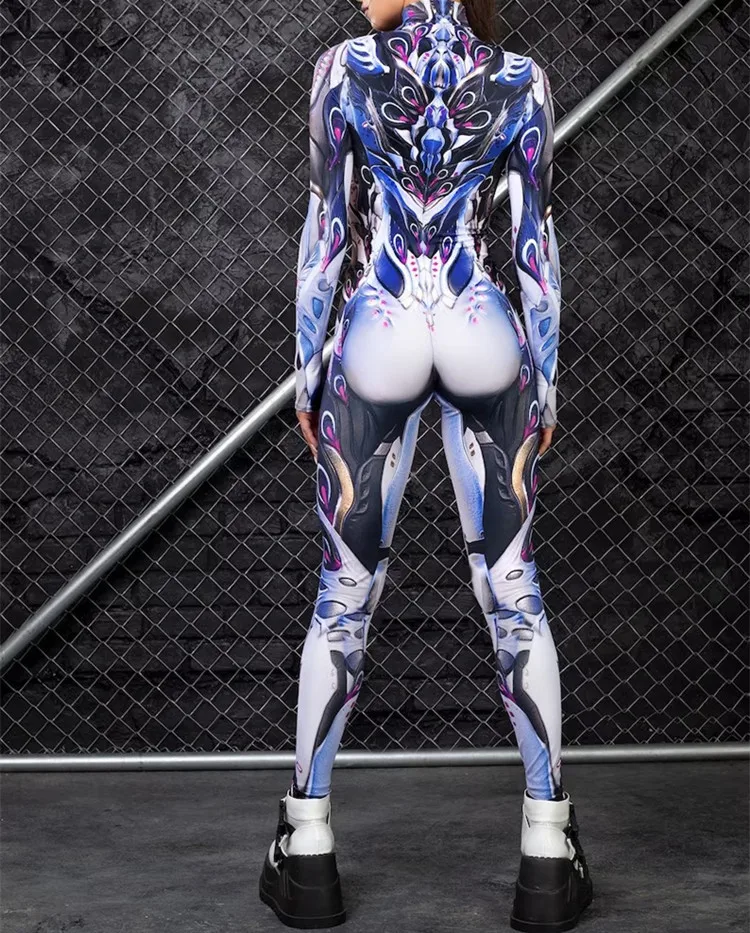 Erwachsenen-Sportanzug mit hoher Taille, Damen-Cosplay-Kostüm, sexy Anzug mit blauen Farbelementen, Muskel-Halloween-Bodysuit – Detail 3