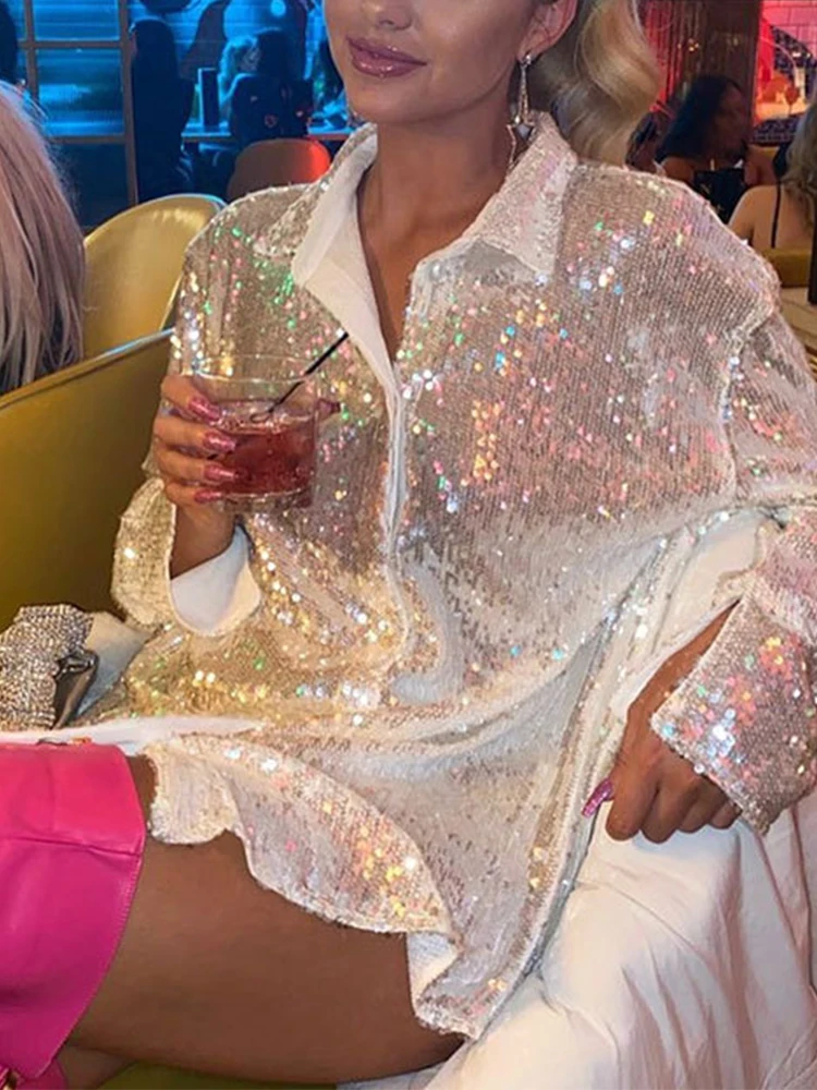 Sparkle Sequin Super Trendy Women Party Outfits Tops Simple Turn-down Neck Single Breasted Loose Slimming All-match Shirt Blouse