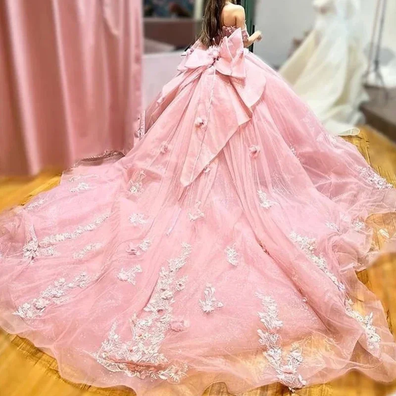 ANGELSBRIDEP-Quinceanera rosa vestido fora do ombro, doce 15 cristal arco volta, flor de renda, vestidos de baile, vestido de festa inchado, miçangas