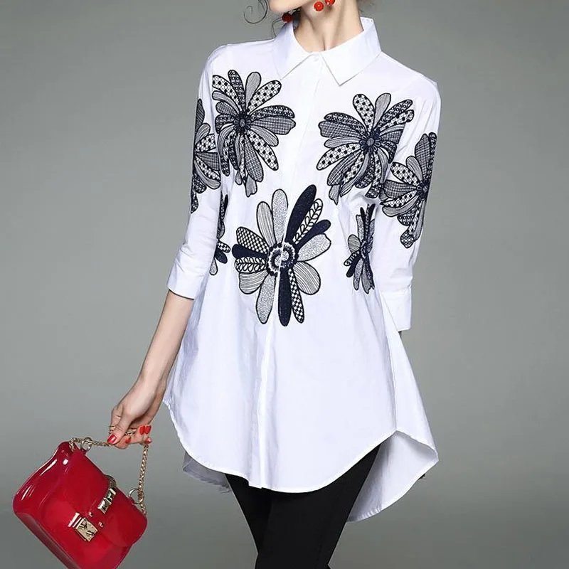 Korean Fashion Embroidery Solid Color Loose Shirt for Female Spring Casual Long Sleeve Single-breasted Blouse Women's Clothing