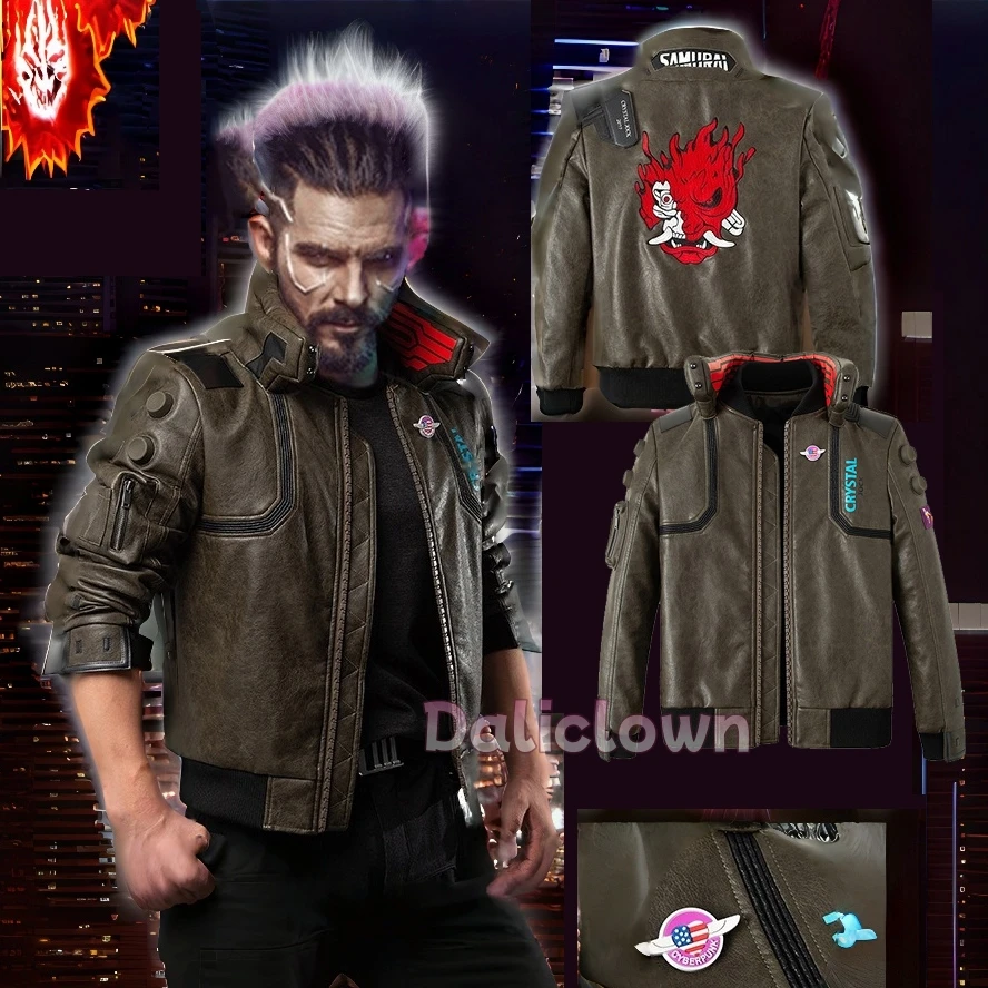 Game Punk 2077 Leather Jacket LED Collar Vincent V Cosplay Costume for Men Women