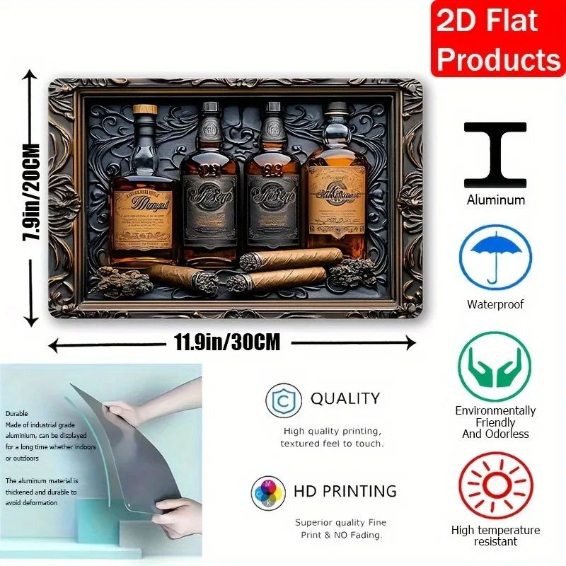 Metal Aluminum Sign Wall Hanging, 2D Flat Printing Whiskey and Cigar, Square Sign, Perfect for Home, Decorative Wall Poster