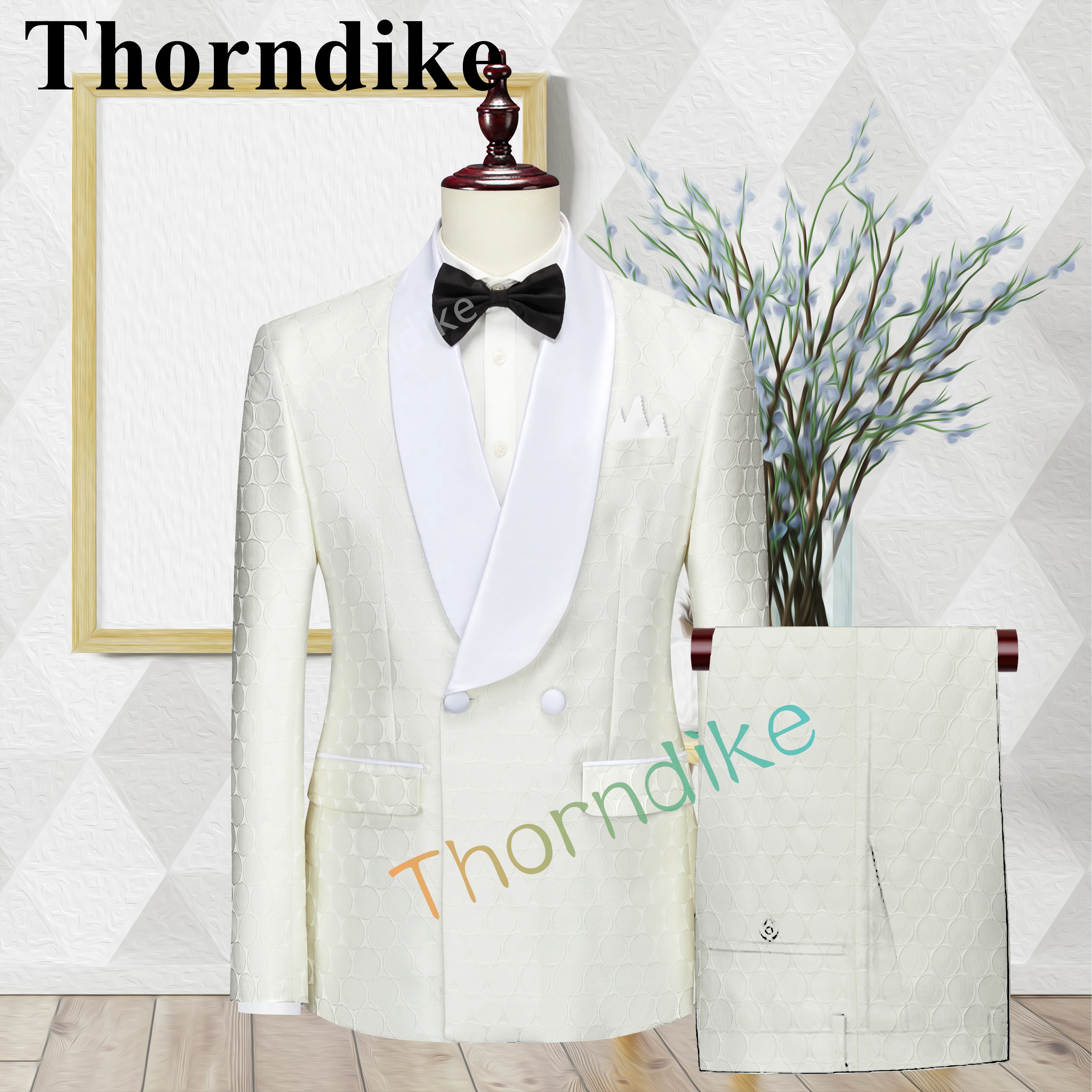 Thorndike Men's Jacquard Suits Elegant Wedding Prom Tuxedo Suit for Men Double Breasted 3 Piece Blazer Jacket Vest Pant Set