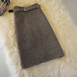 Moda w stylu vintage jesienno-zimowa damska Houndstooth kieszeń na zamek błyskawiczny szarfy prostota na co dzień szczupła średniej długości linia A spódnica wiązana na biodrach