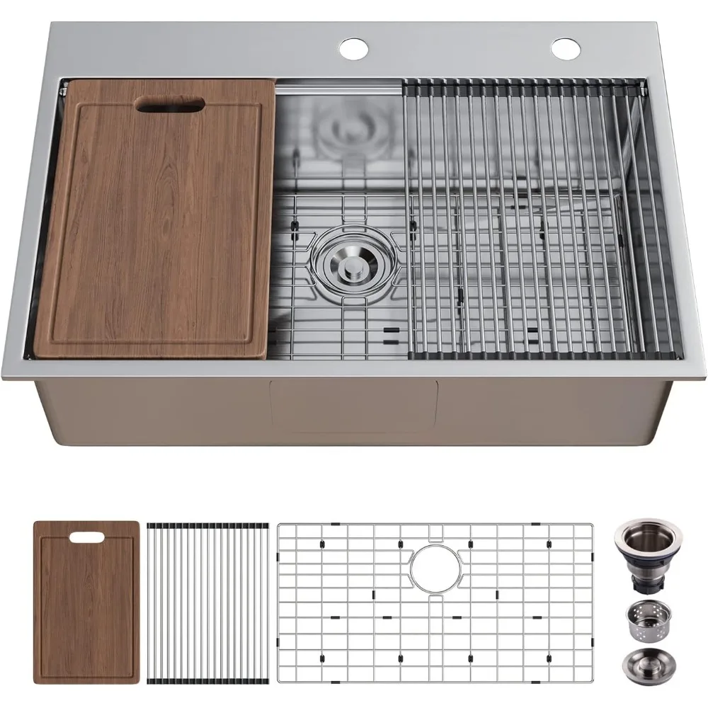

33 inch Drop In Workstation Kitchen Sink, 18 Gauge Topmount Drop In Sink for Kitchen, sus 304 Stainless Steel Sink with 2 holes
