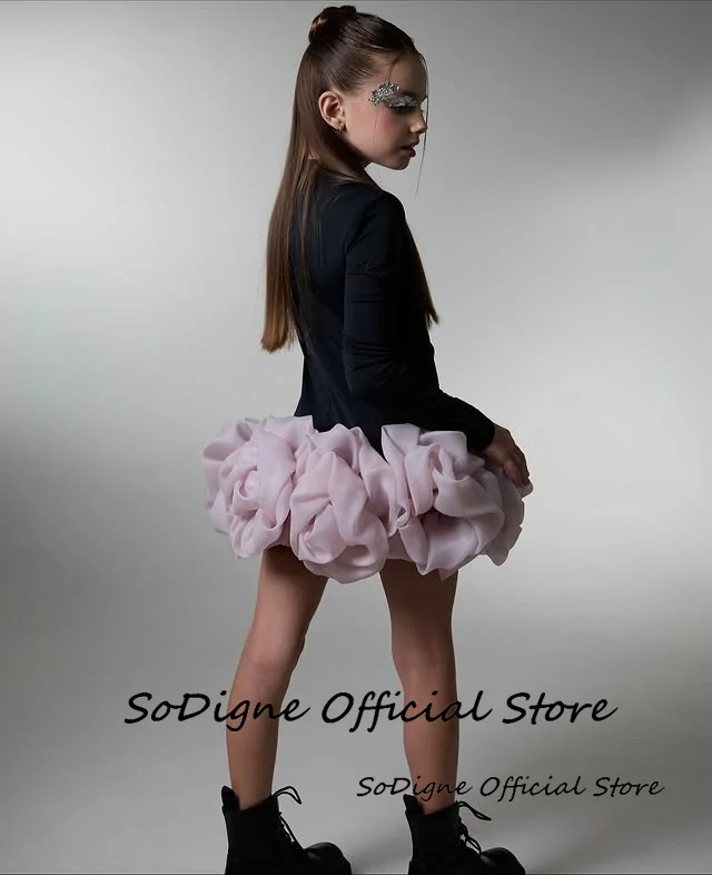 Gaun Pesta Anak Perempuan SoDigne 3D Flower Satin, Model Pendek, Lengan Panjang, Kerah Tinggi, Gaya Putri, Rok Anak, Gaun Pesta 2026, Gaun Anak yang Dapat Disesuaikan