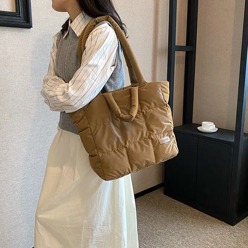 Women Tote Bag 2024 New Autumn Winter Cotton Filling Simple Soft High-Capacity Shoulder Bag Handbag Girls