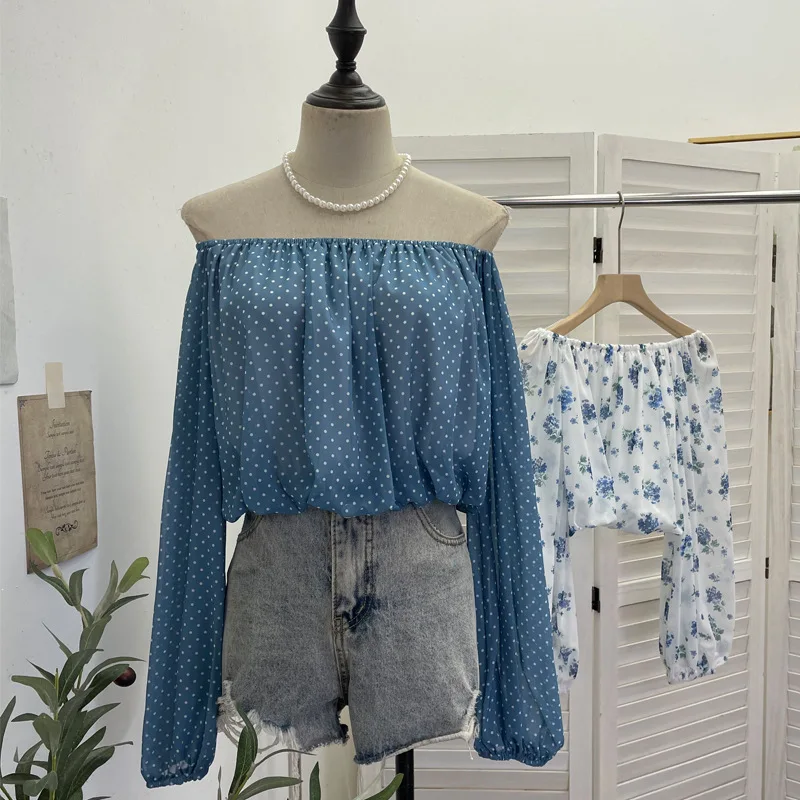 Off Shoulder Polka Dot Long Sleeve Blouse Sexy Y2K Crop Top Elastic Waist Chiffon Shirt For Hot Girls Daily Street Top23767