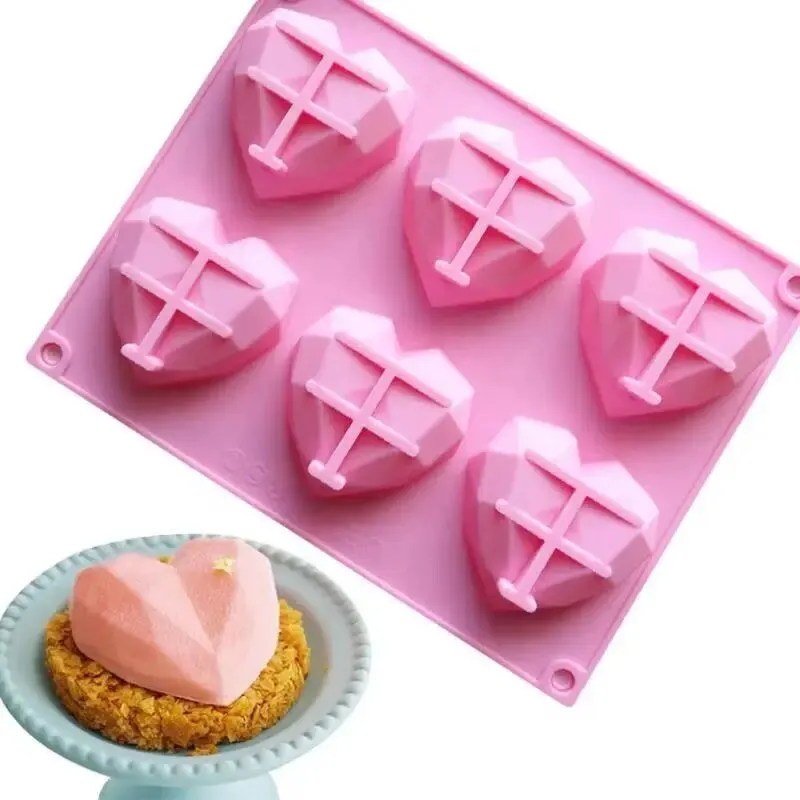 1Pc 6 Cavity Heart Shaped Silicone Mould Cake Mousse Pastry Bakeware Tools Form For Soap French Dessert Diamond Baking Mold