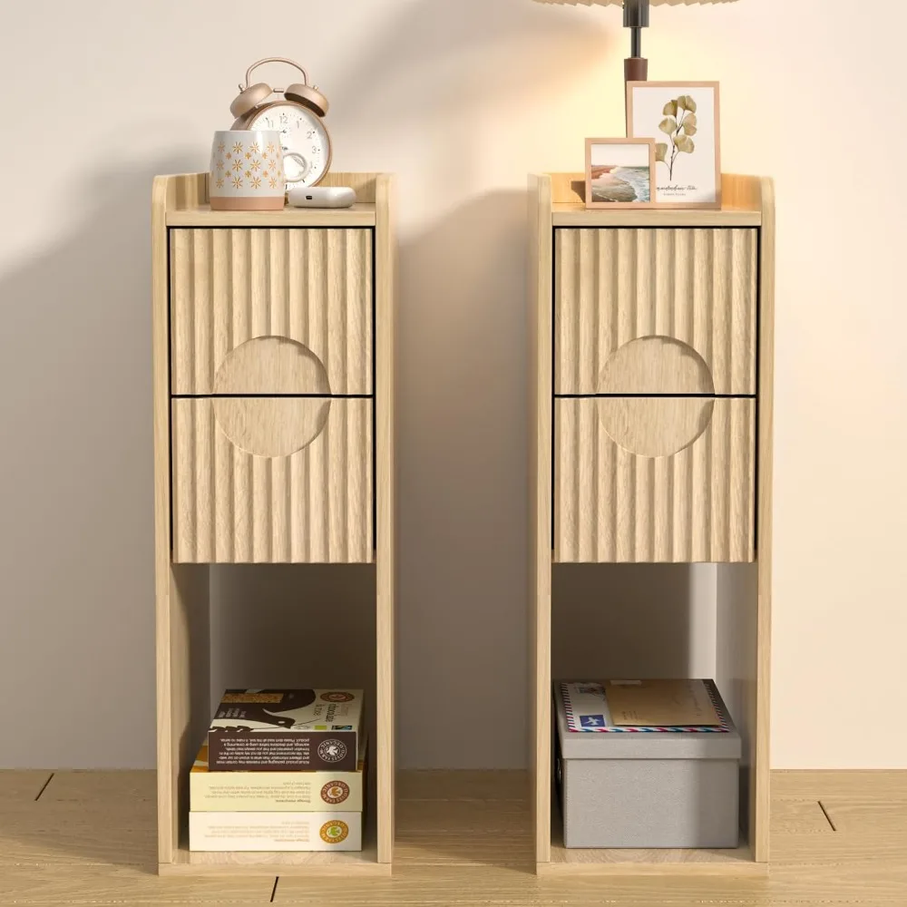 

Small Fluted Nightstand Set of 2 - Narrow Wood 2-Drawer Side Table, Modern Boho Bedside Stand for Bedroom & Living Room