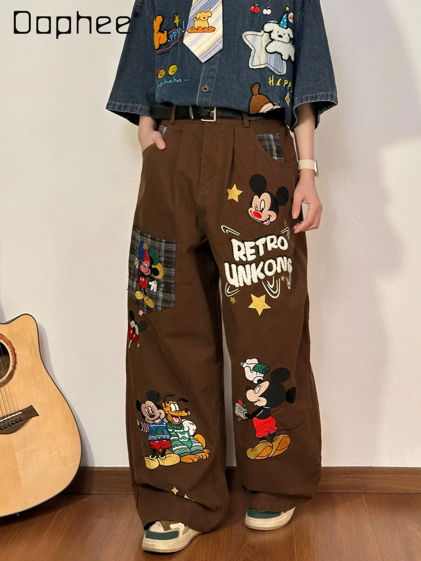 

Американские ретро-комбинезоны с вышивкой в мультяшном стиле, женские, коричневые, в клетку, сшитые из разных тканей, свободные, повседневные, прямые, широкие брюки, новинка 2026 года