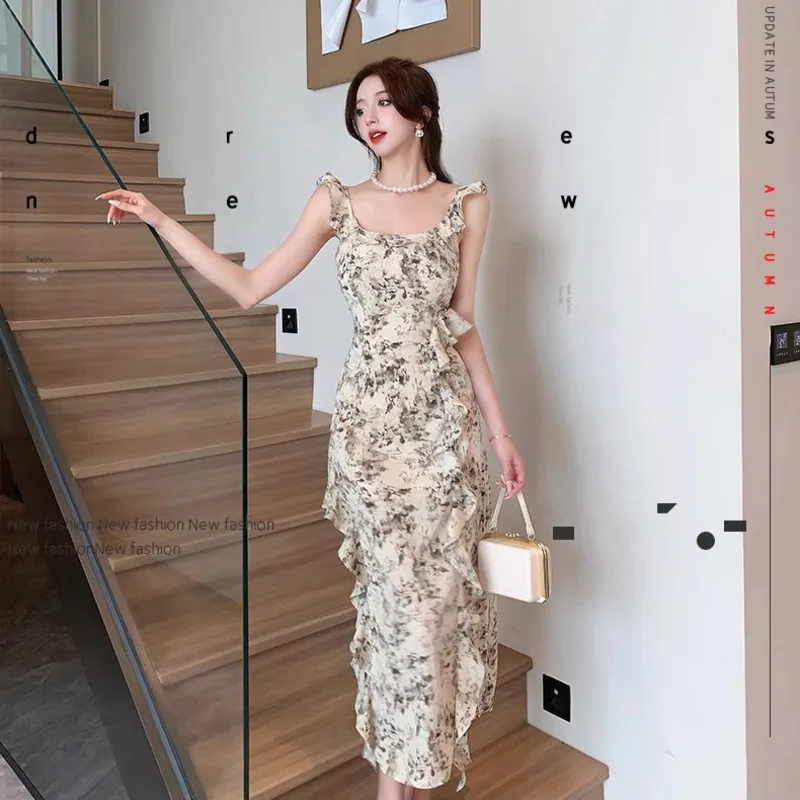 2024 Summer New Style Wooden Ear Edge Ink Painting dress Female Summer Long Dress Women's Clothing Traf Vestidos Largos 원피스