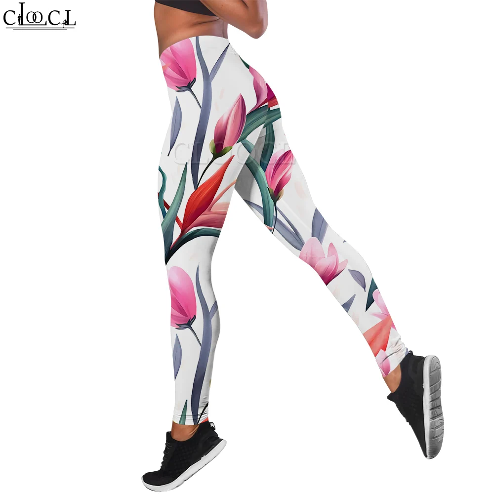 CLOOCL Damen-Leggings, rosa Blumen, 3D-gedruckte Hose, weiblich, für Outdoor-Workout, Fitnessstudio, Training, Sporthose, Yoga-Leggings