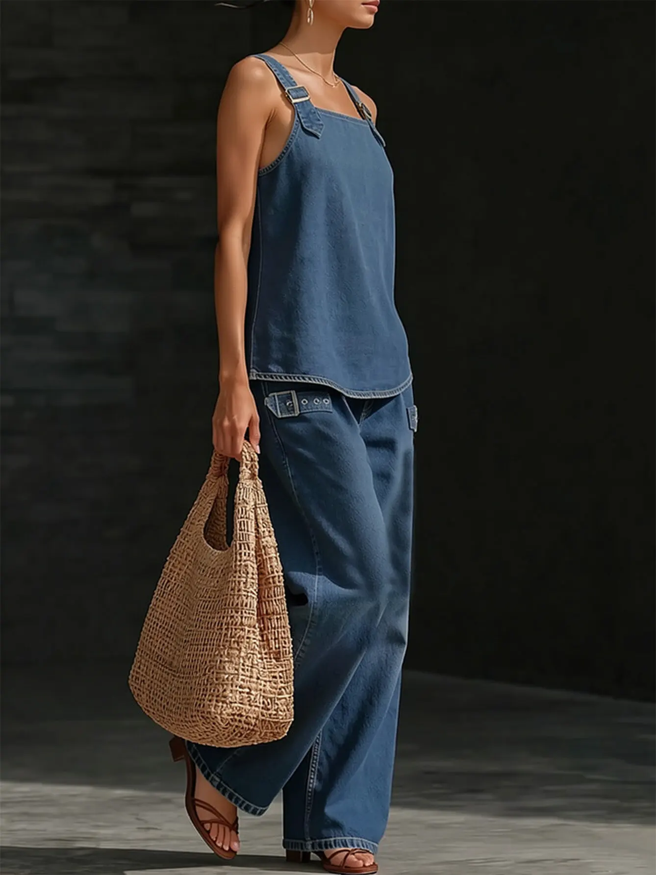 Women Non-Denim Sling Top & Wide Leg Pants Set, Adjustable Strap Tank + Buckle Decor Loose Trousers, Casual Denim Style - view 3