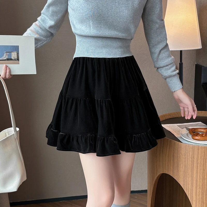 Seoulish outono inverno veludo bolo feminino mini saias 2025 nova alta wasit casual solto plissado skater saias curtas femininas