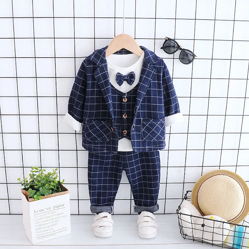 

1.4Y Flower Boys Formal Dress Suit Set Autumn Children Plaid Pants 3Pcs Clothes Set Kids Wedding Party Costume Suit