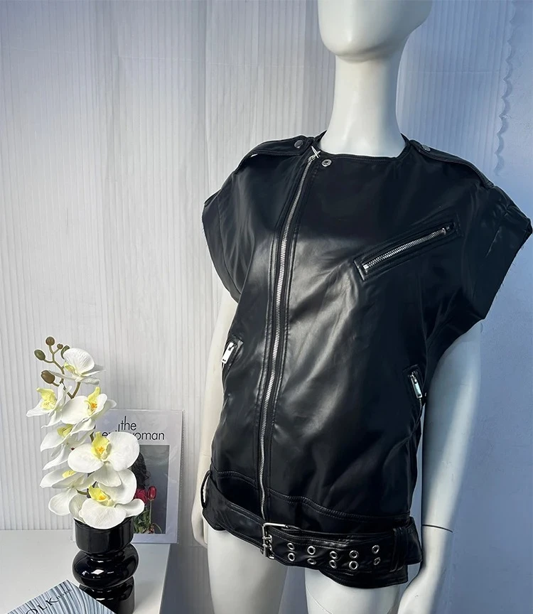 KONDALA 2025 Women Autumn Spring Vintage Waistcoats Leather Vest Sleeveless Zipper Pockets Jacket Streetwear Belt Loose Outwears