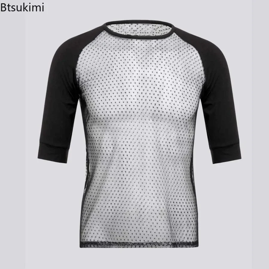 2024 Trend Party Nightclubs Style Tops Men\'s See-through Short Sleeve Patchwork T-shirts Sexy Mesh Thin Transparent Tees for Men