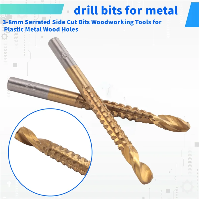 AY03-6 pacote de titânio revestido hss torção bits, 3-8mm serrilhado lado corte bits ferramentas para trabalhar madeira para furos de madeira de metal plástico