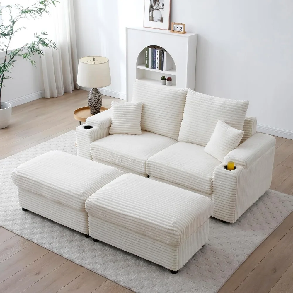 Extra Deep Sectional Sofa for Living Room, Modern Plush Corduroy Loveseat Couch , Hidden Storage,2 Throw Pillows & 2 Ottomans