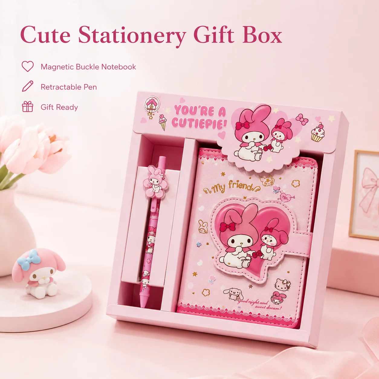 Sanrio Cute Melody Student Magnetic PU Leather Notebook Hand Ledger Notepad With Pen Stationery Gift Set Grid Inner Page Journal view 4