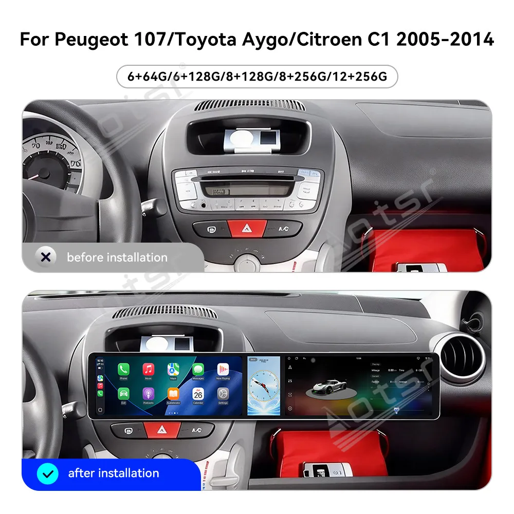 Triple Screen Android Radio For Peugeot 107 For Citroen C1 For Toyota Aygo Car Multimedia Player GPS Navigation Stereo Head Unit