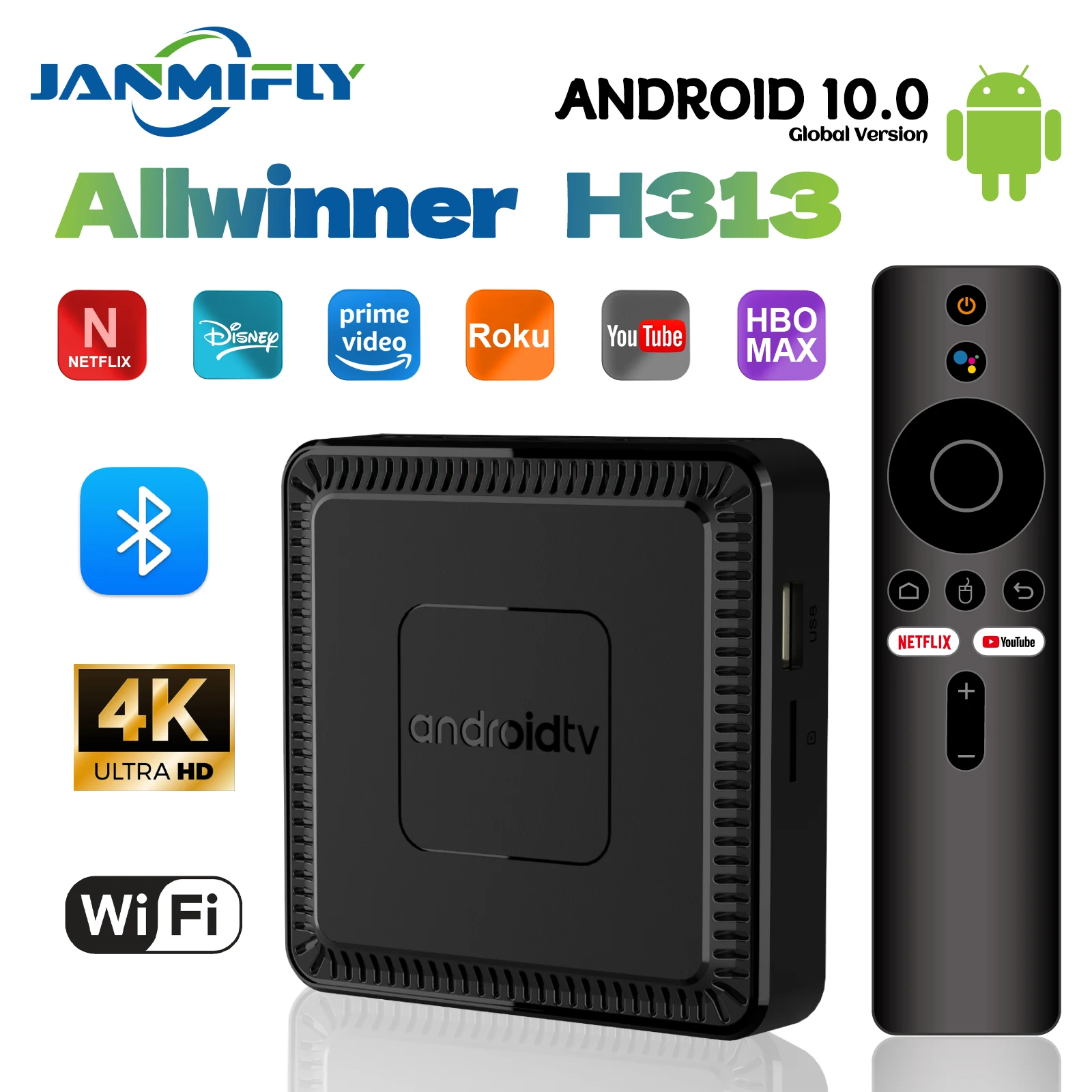 Q7 Android 10.0 TV Box with H313 Quad Core CPU 4K  Video Decoder 2.4GHZ WIFI HDMI 2.0 For movie and TV Viewing Gaming and Entert