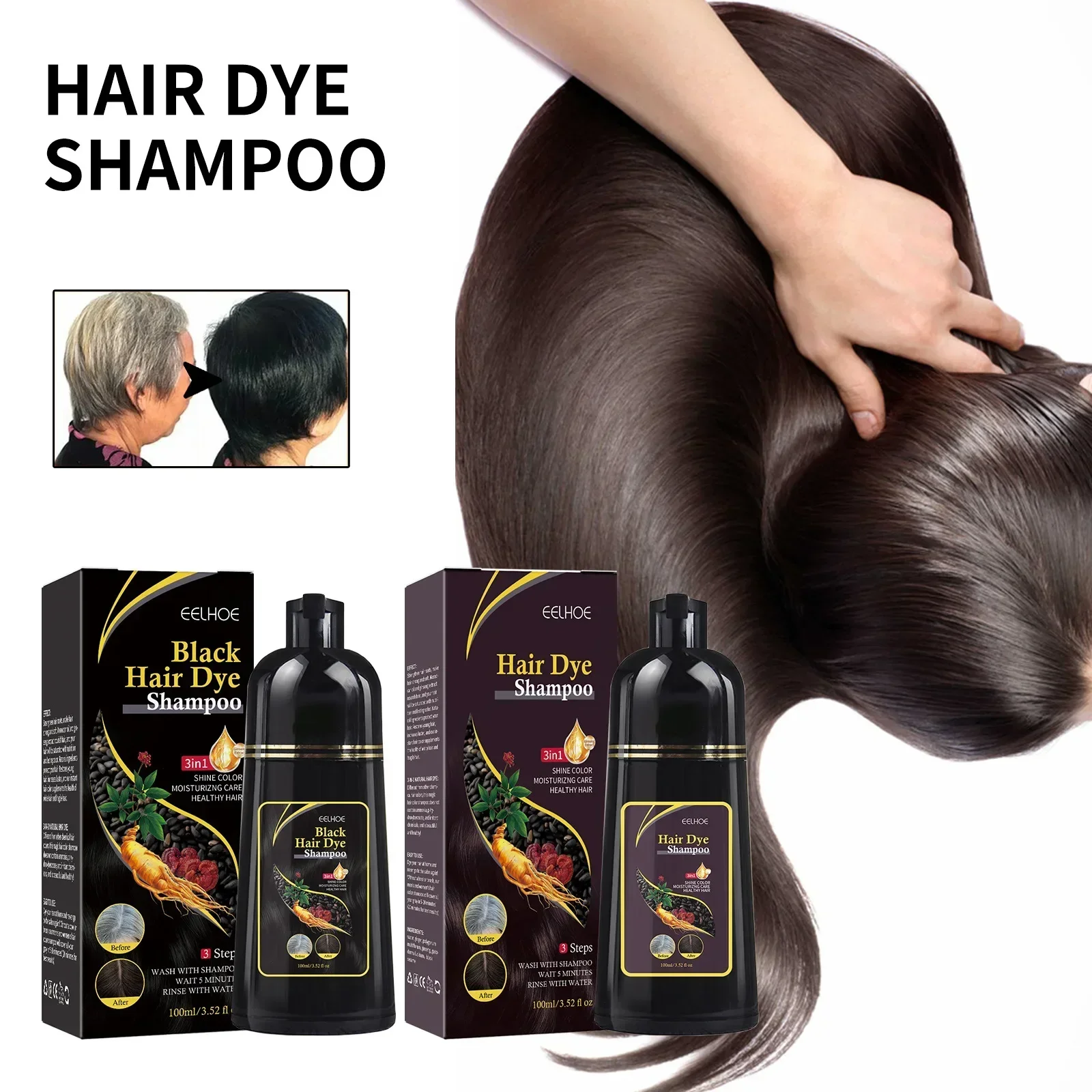 100ml 3in1 Hair Dye Shampoo for Gray Hair Polygonum Multiflorum Herbal Ingredients Natural Ginger No stimulation Colorant