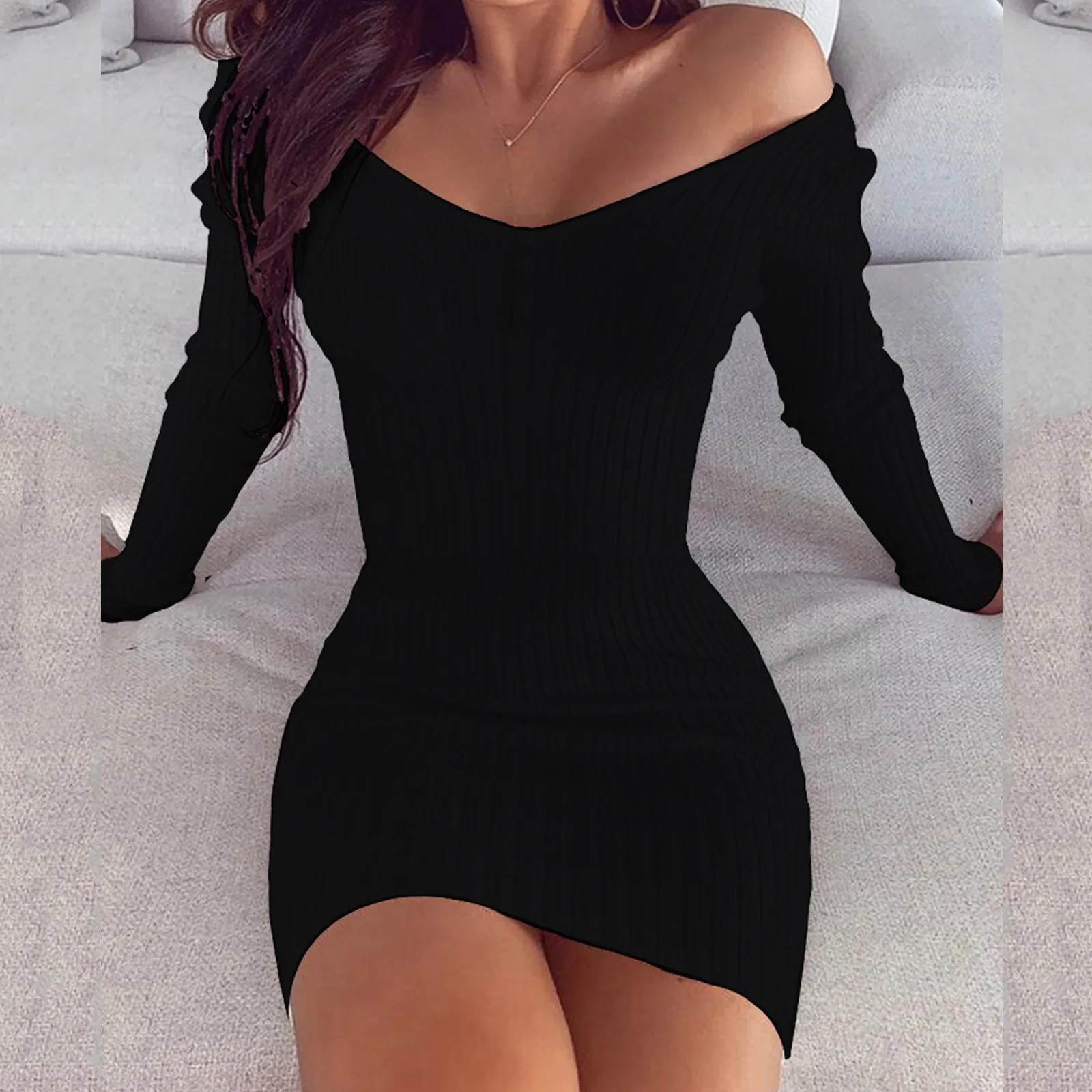 Sexy Temperament V Neck Solid Colour Slim Long Sleeve Dresses Fashion Women's Knitted Dress Slim Fit Package Hip Mini Dress