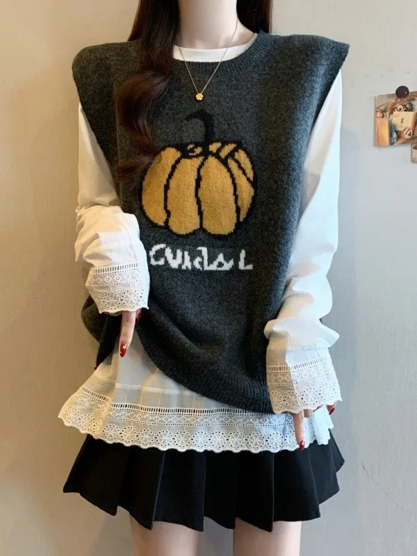 Gray Knitted Sweater Vest Women's Style Layering Top Large Size Fashionable Commute Style round Neck Loose Fit Autumn New Arr...