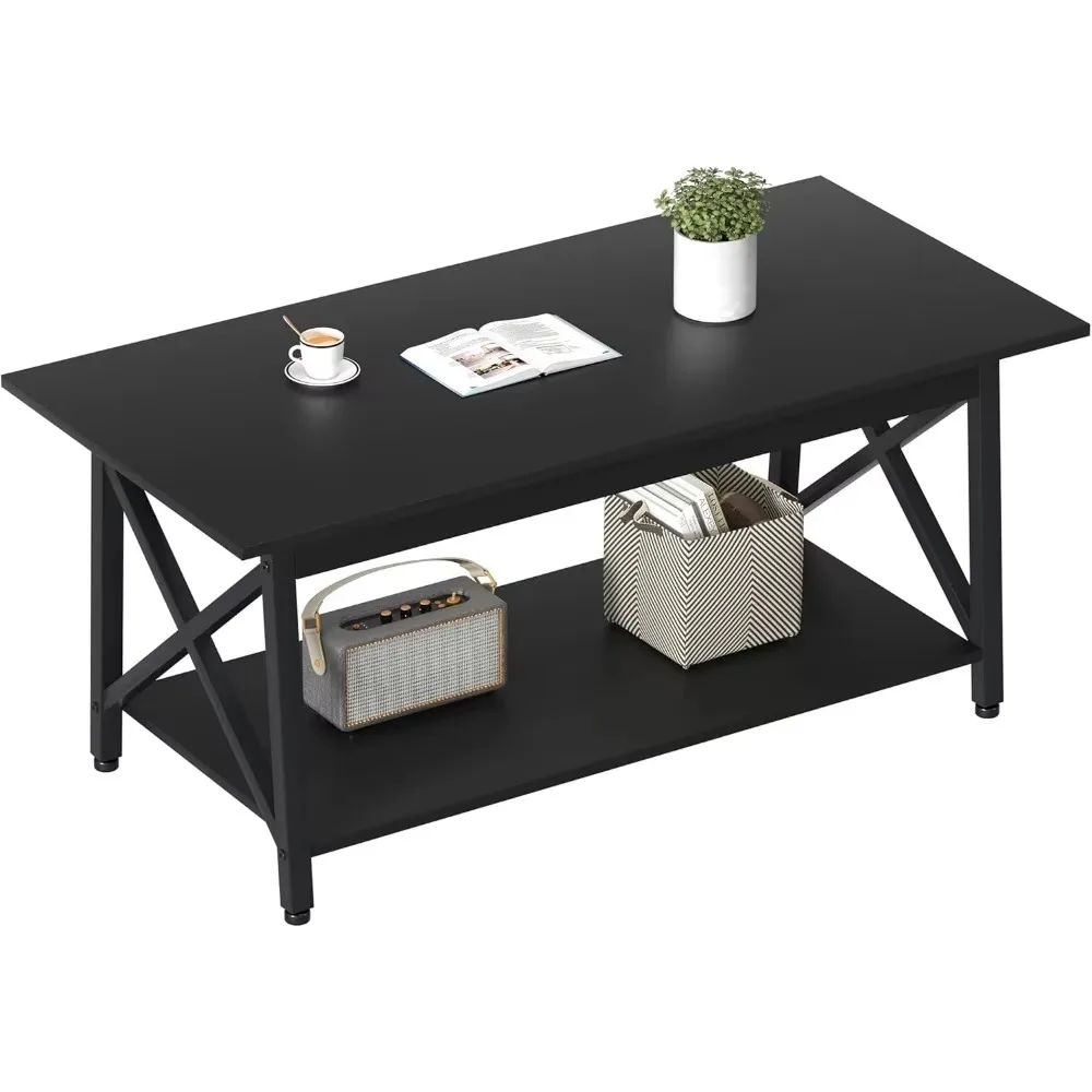 Coffee table with storage shelves, 2 tiers rectangular living room center table, suitable for home office, easy to assemble