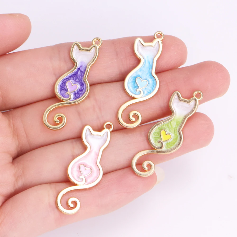 10Pcs Lovely Enamel Heart Cat Charm for Jewelry Making Kawaii Animal Earring Pendant Necklace Accessories Diy Craft Supplies