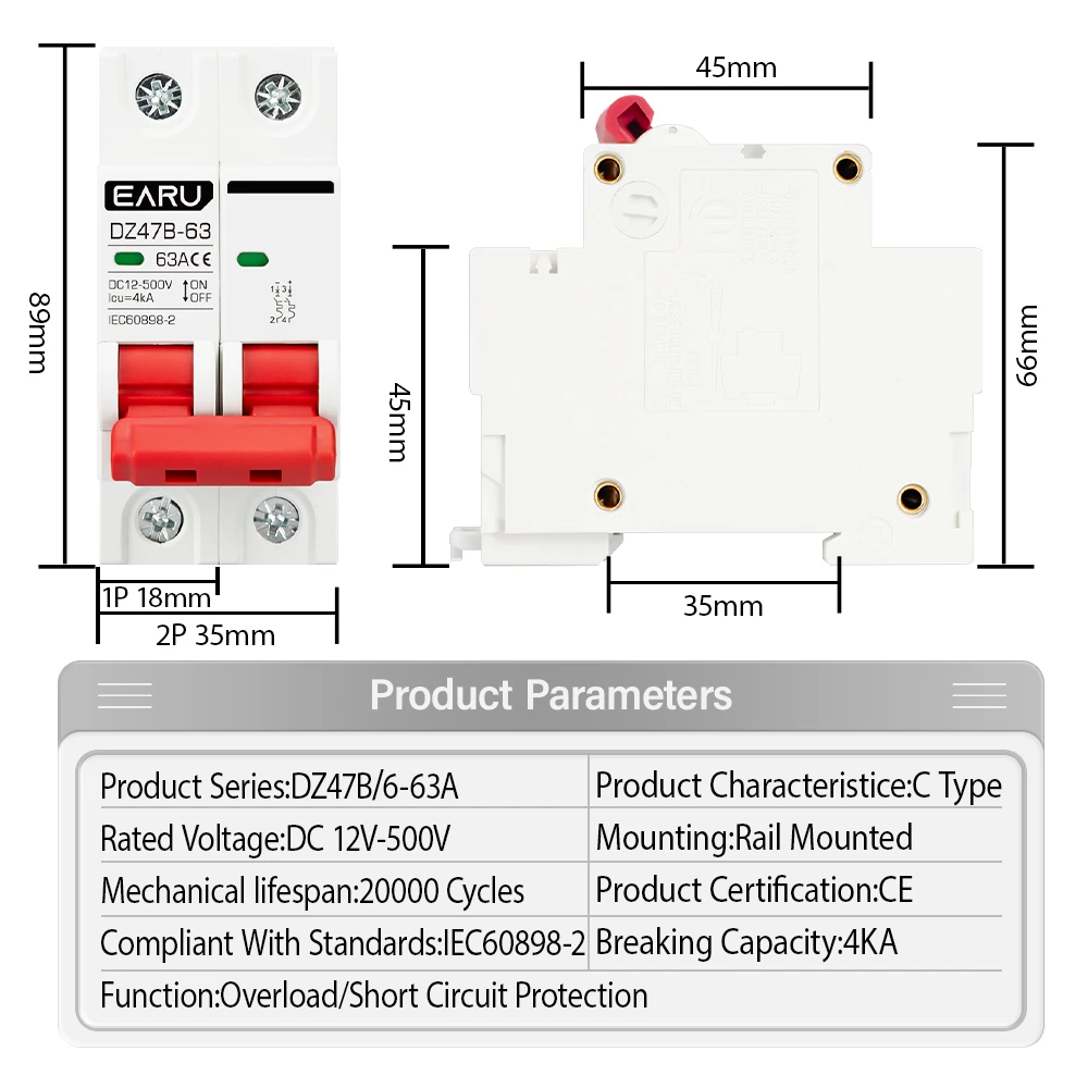 DC12V 24V 48V 36V DC MCB Battery Car Protector Mini Circuit Breaker DZ47 DC Positive And Negative Pole Rotection Switch Isolator