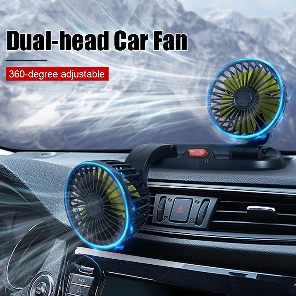 12V/24V Mini Electric Fan Dual-Head Car Fan 360° Adjustable Cooling Car Fan Portable USB Ventilador Low Noise Vehicle Fan
