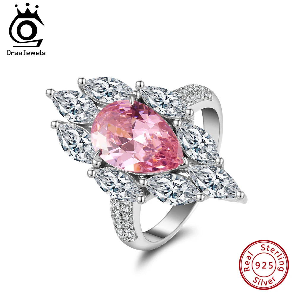 

ORSA JEWELS Romantic Pink Cubic Zirconia Ring 925 Sterling Silver Luxury Dazzling Finger Rings For Women Wedding Jewelry LZR31