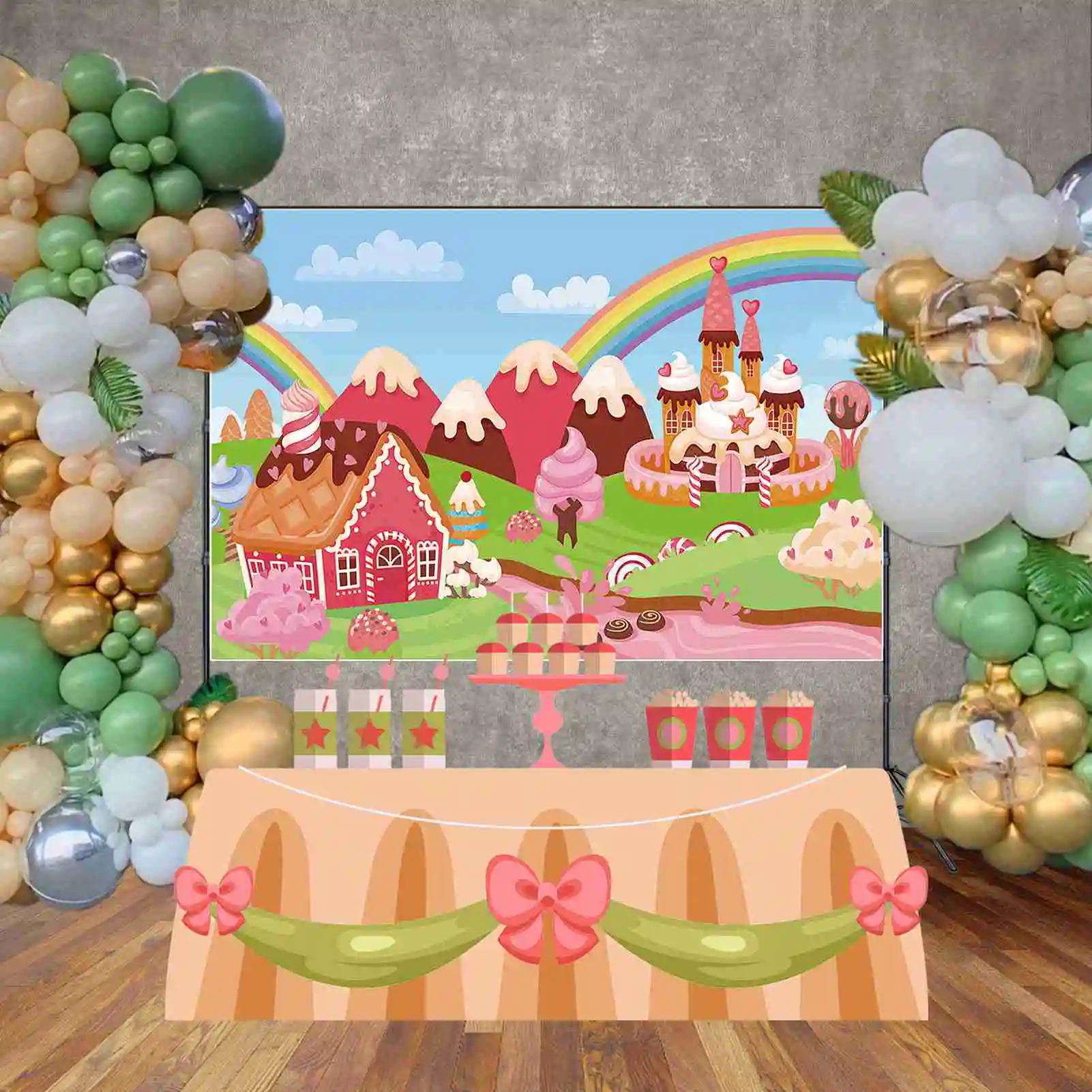 Mon.qg แคนดี้บาร์1st วันเกิดของเด็กทารกฉากหลังรูปภาพ candyland PARTY photozone background รูปถ่ายโดนัทที่กำหนดเอง