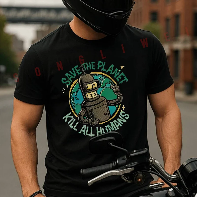 

Save The Planet Kill All Humans Robot Graphic Moto T Shirt Cotton Summer Short-sleeved Casual Tee Men Women Streetwear T-shirt