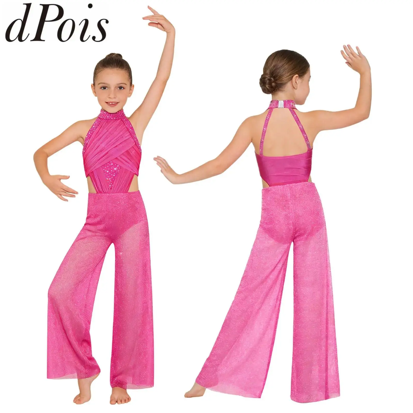 Kids Girls Shiny Mesh Lyrical Figure Skating Gymnastic Leotards Jumpsuit Sleeveless Sequin Sheer Dance Bodysuit Ballet Dancewear