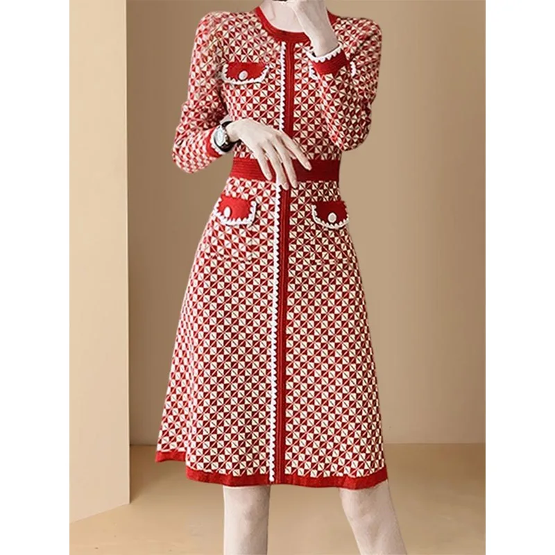 2024 Autumn Winter Commute Fashion Plaid Knee Length Dresses Women Clothing Vintage Elegant Chic Pockets Knitted Dress