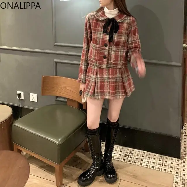 Onalippa Contrast Plaid Two Piece Sets Womens Outfits Peter Pan Collar Bow Wool Coat High Waist A Line Pleated Mini Skirts