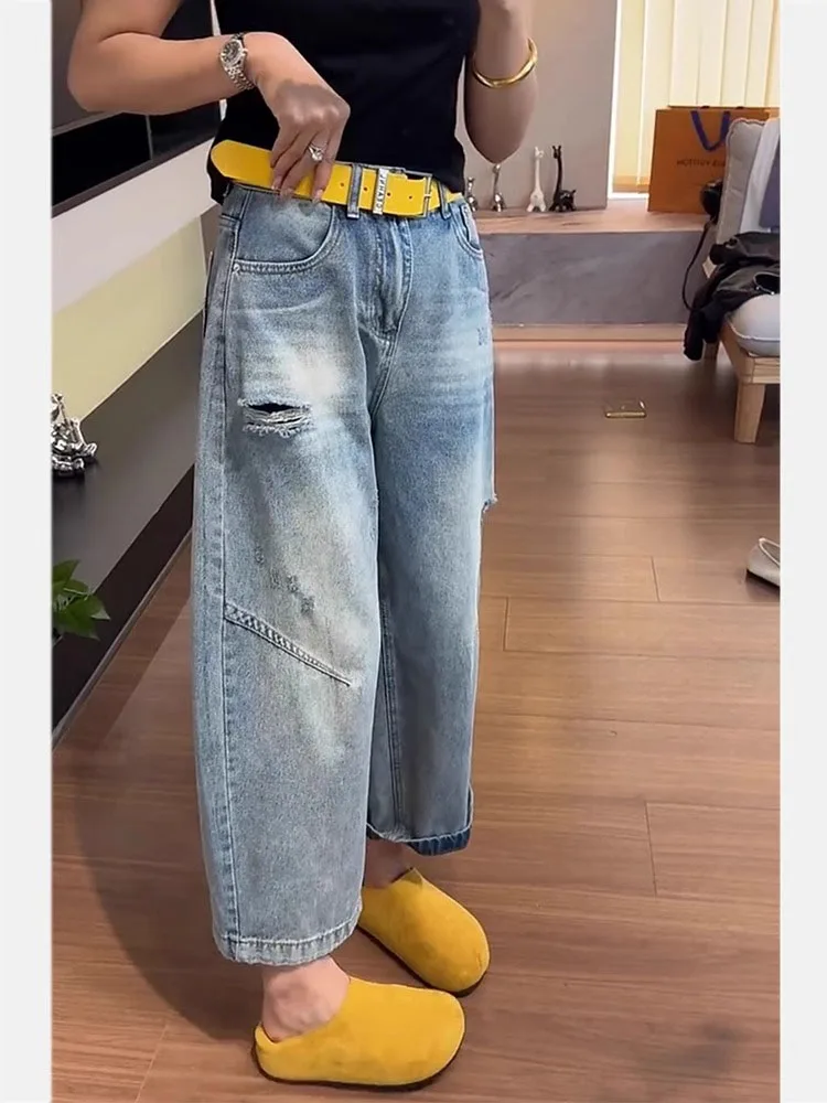 

Джинсы-шаровары больших размеров, женские джинсы-шаровары с высокой талией, девятисекционные свободные леггинсы с манжетами, широкие брюки, летняя одежда с рваными дырками