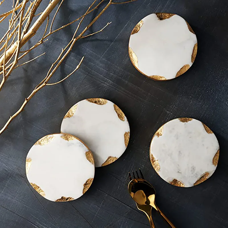 Natural Marble Gold Edged Coasters Anti Slip Heat-Insulating Coffee Table Mats Jewelry Protection
