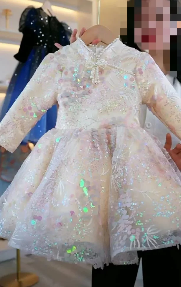 Children\'s Party Ball Gown Pearls Sequins Design Kids Wedding Birthday Baptism Prom Princess Tutu Dress For Eid A2081