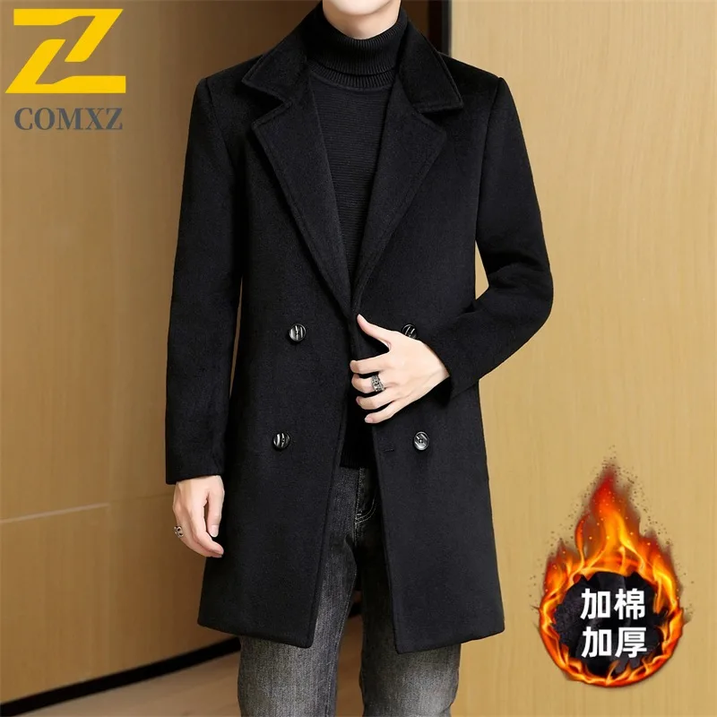 

COMXZ Мужская шерстяная куртка премиум-класса средней длины, деловой повседневный плащ, новинка 2025, теплая тактическая верхняя одежда с флисовой подкладкой в корейском стиле